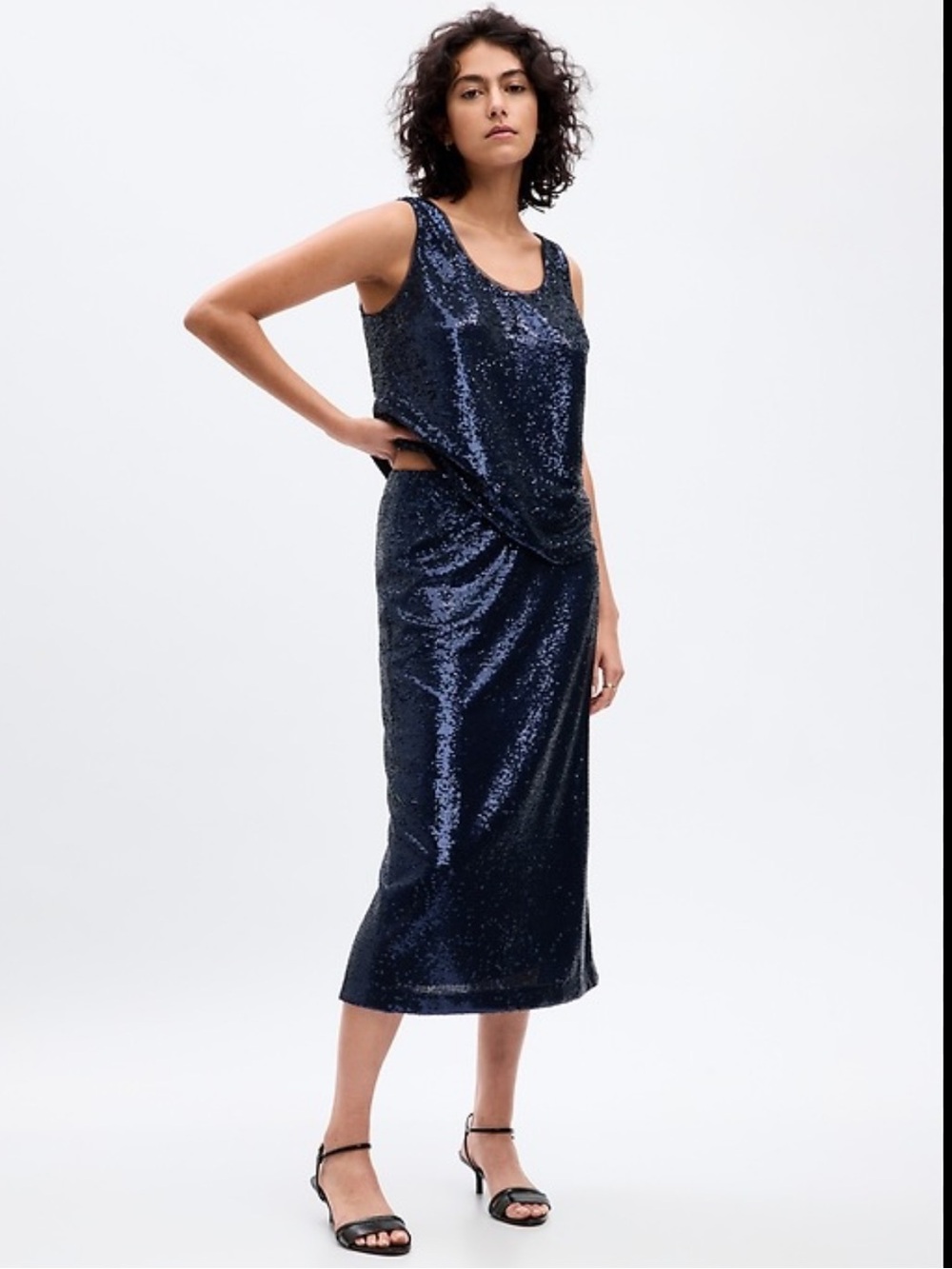 Gap Navy Blue Sequin Pencil Midi Bohemian Luxury Holiday Festive Skirt MP